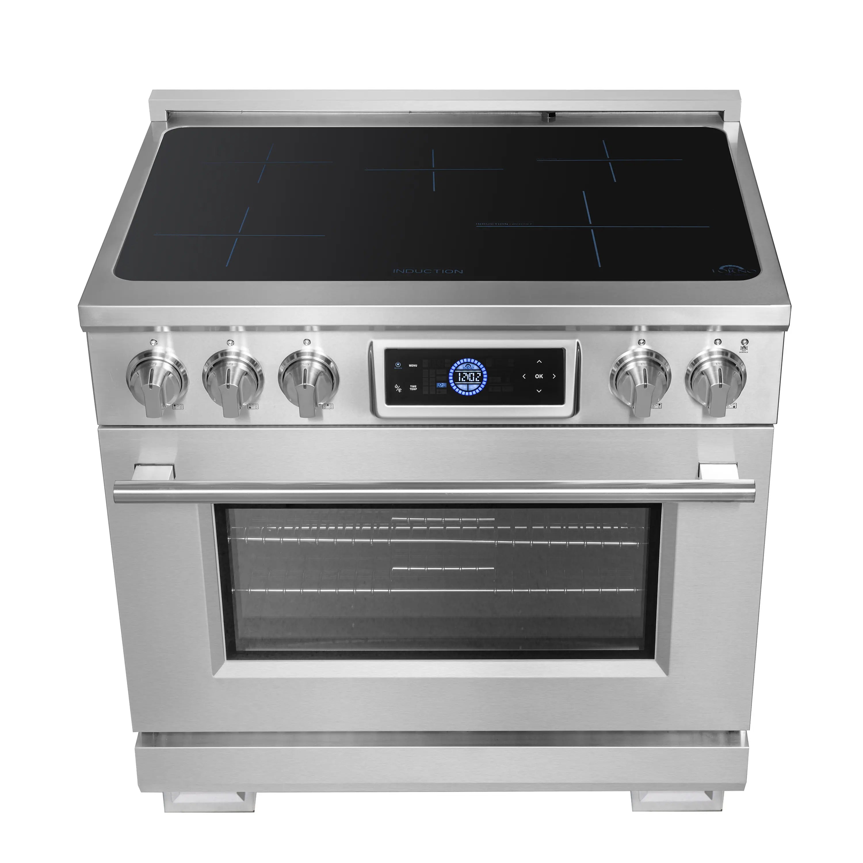 Stainless steel induction range with black cooktop, control knobs, and closed oven door