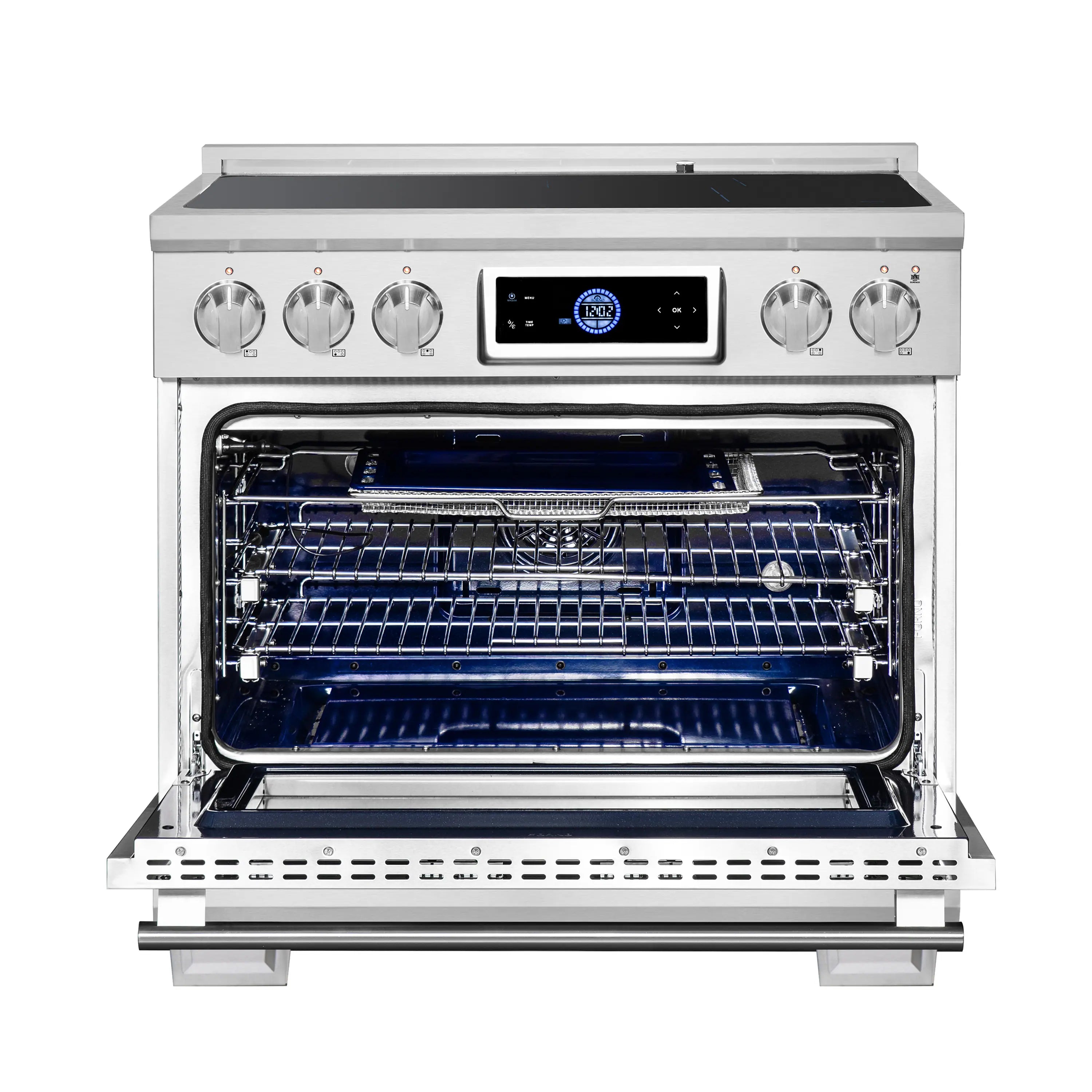 Stainless steel induction range with open oven door and wire rack inside