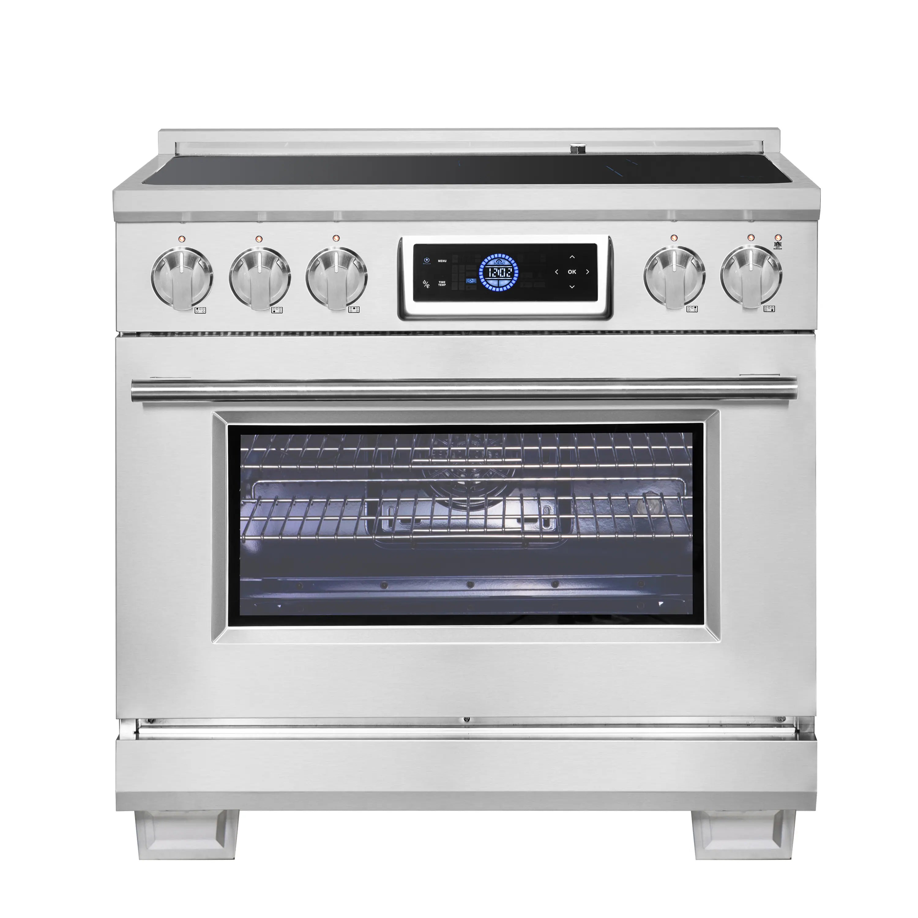 Stainless steel induction range with black cooktop and front oven door