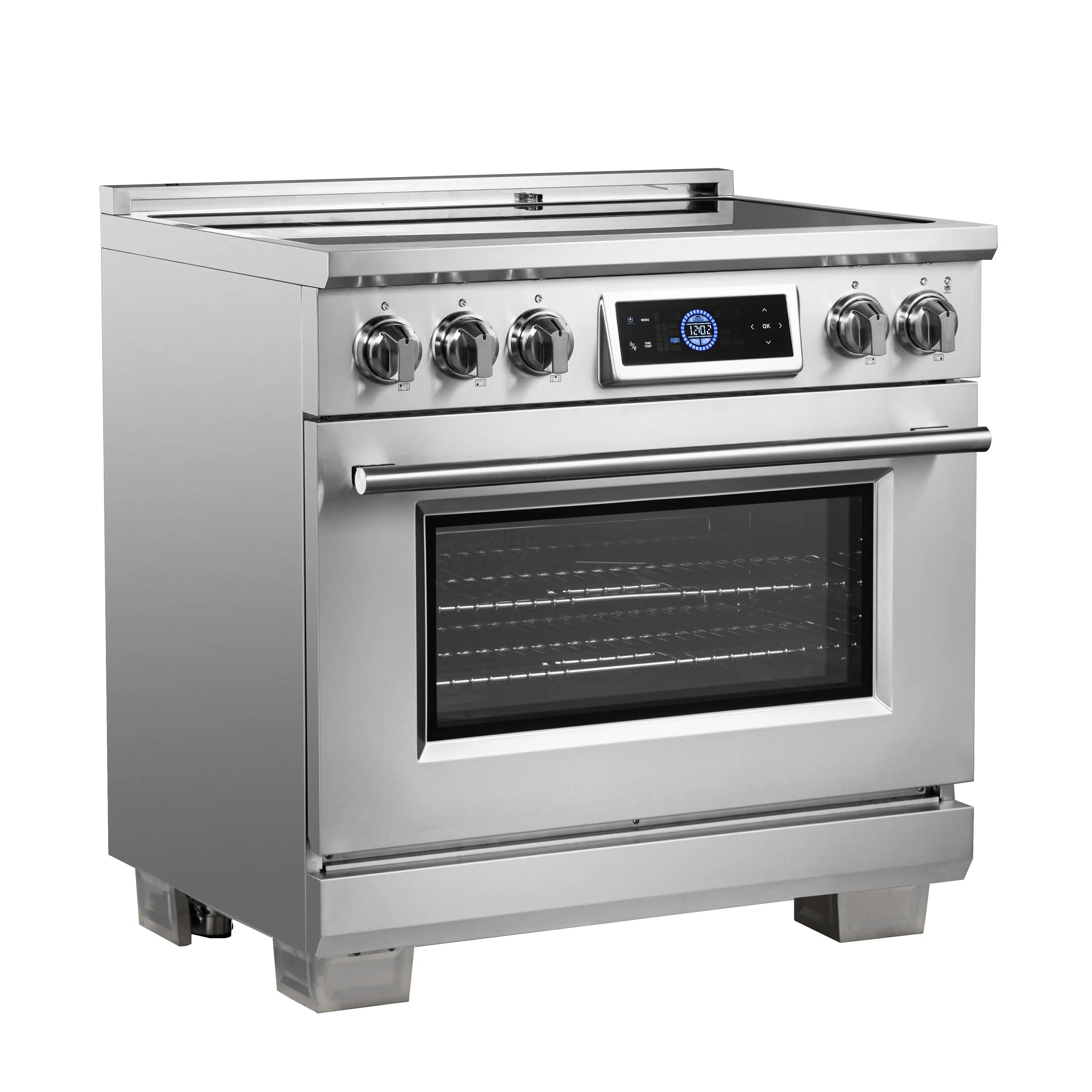 Stainless steel induction range with control knobs and closed oven door