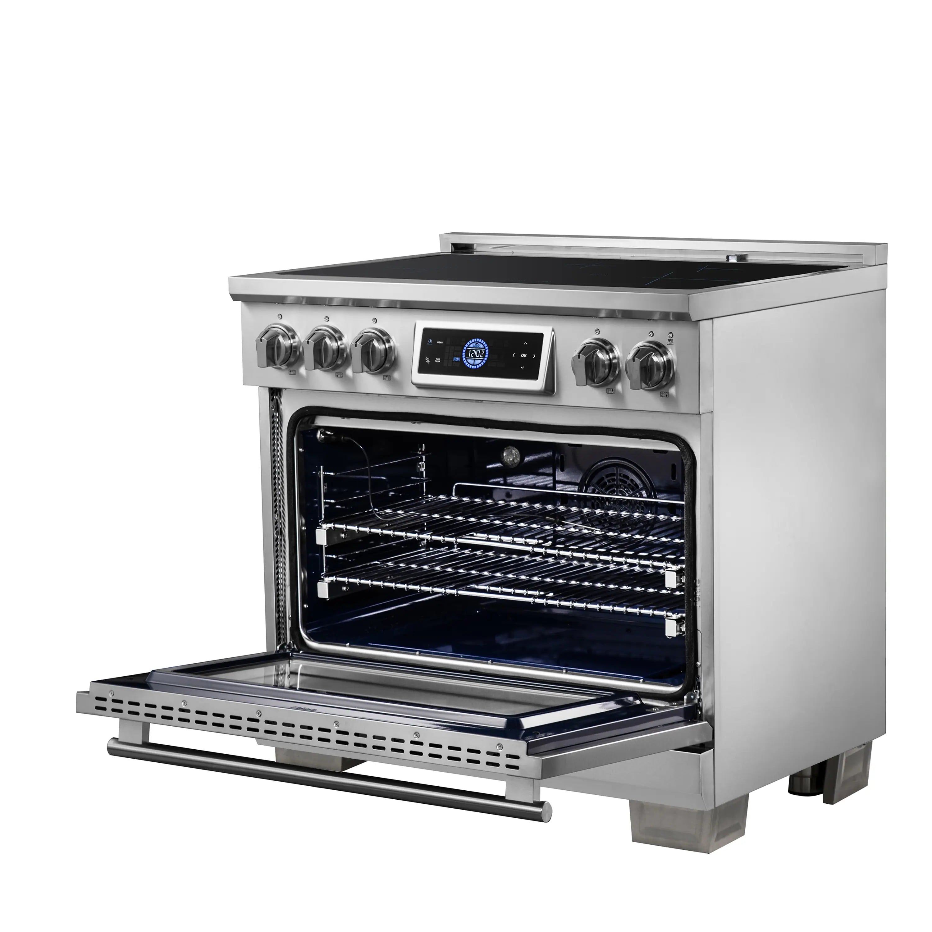 Stainless steel induction range with open oven door and multi-rack interior