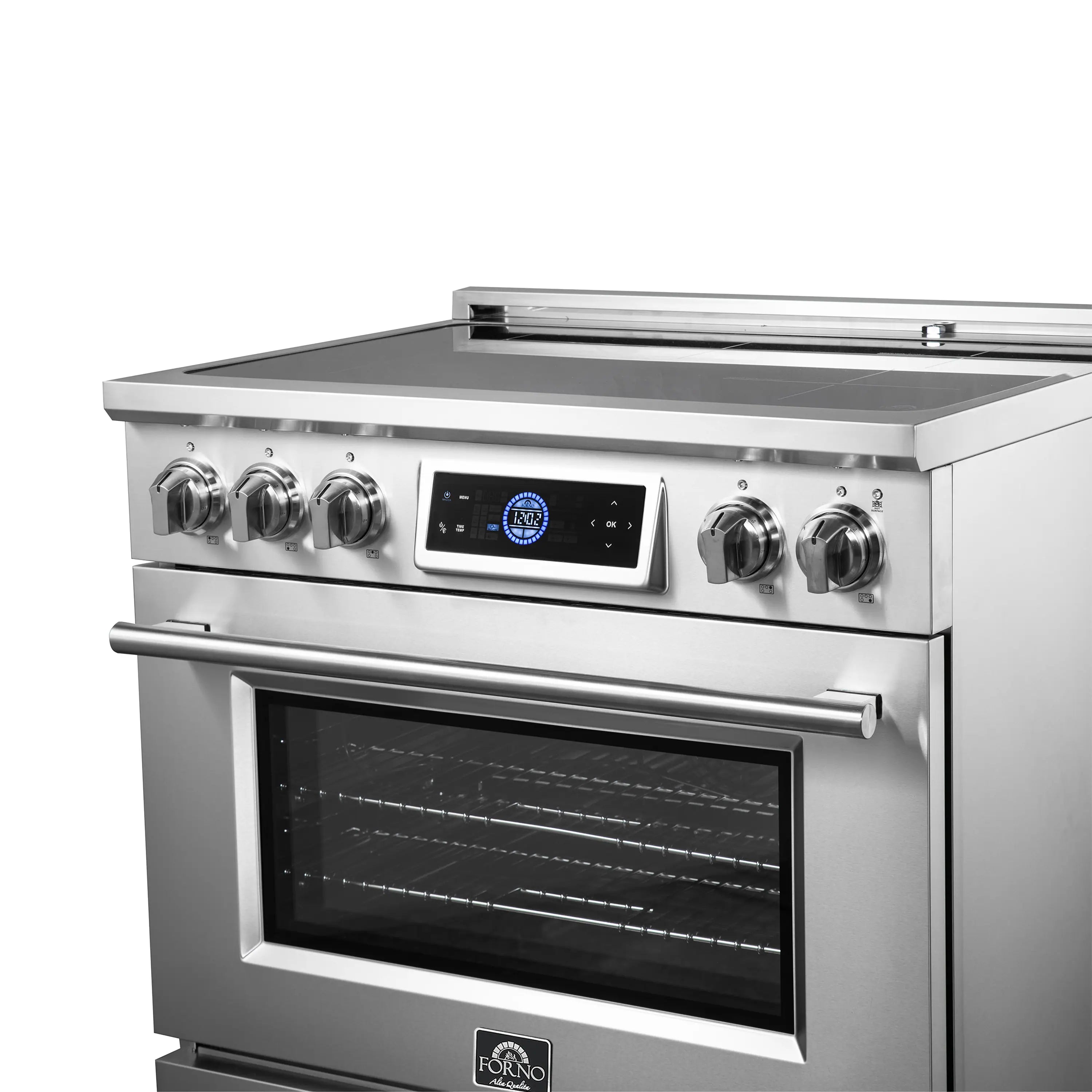 Stainless steel induction range with air fryer, front view with control knobs and oven door