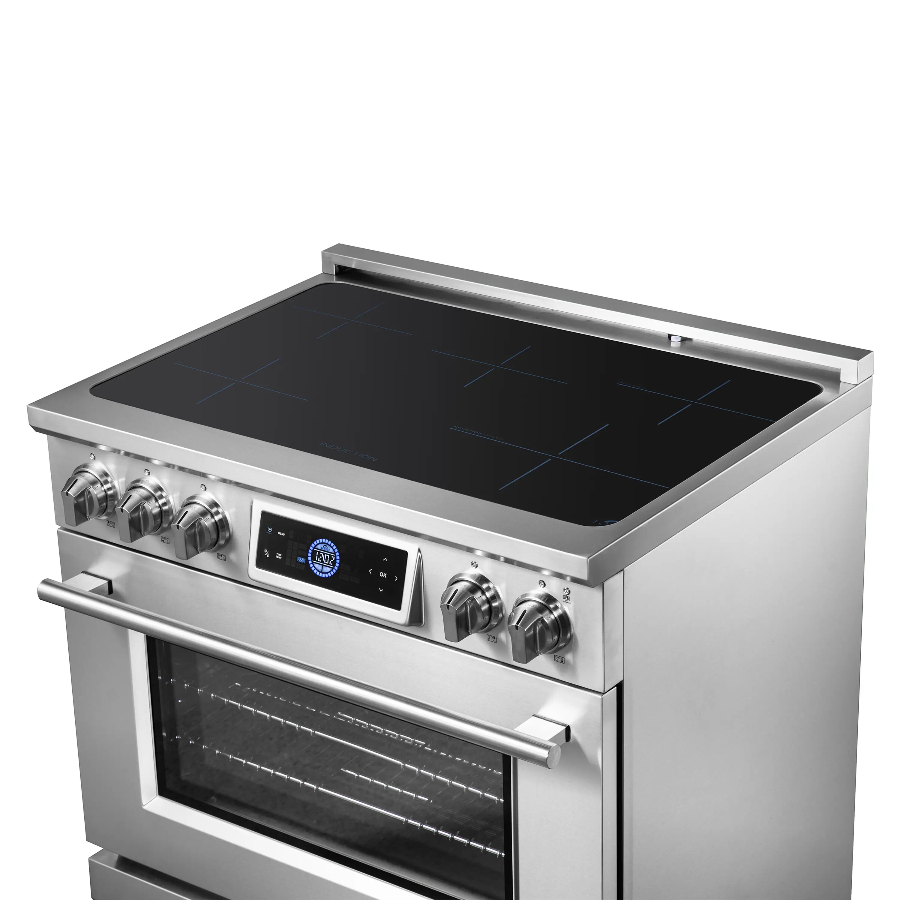 Stainless steel induction range top with black glass cooktop and control panel