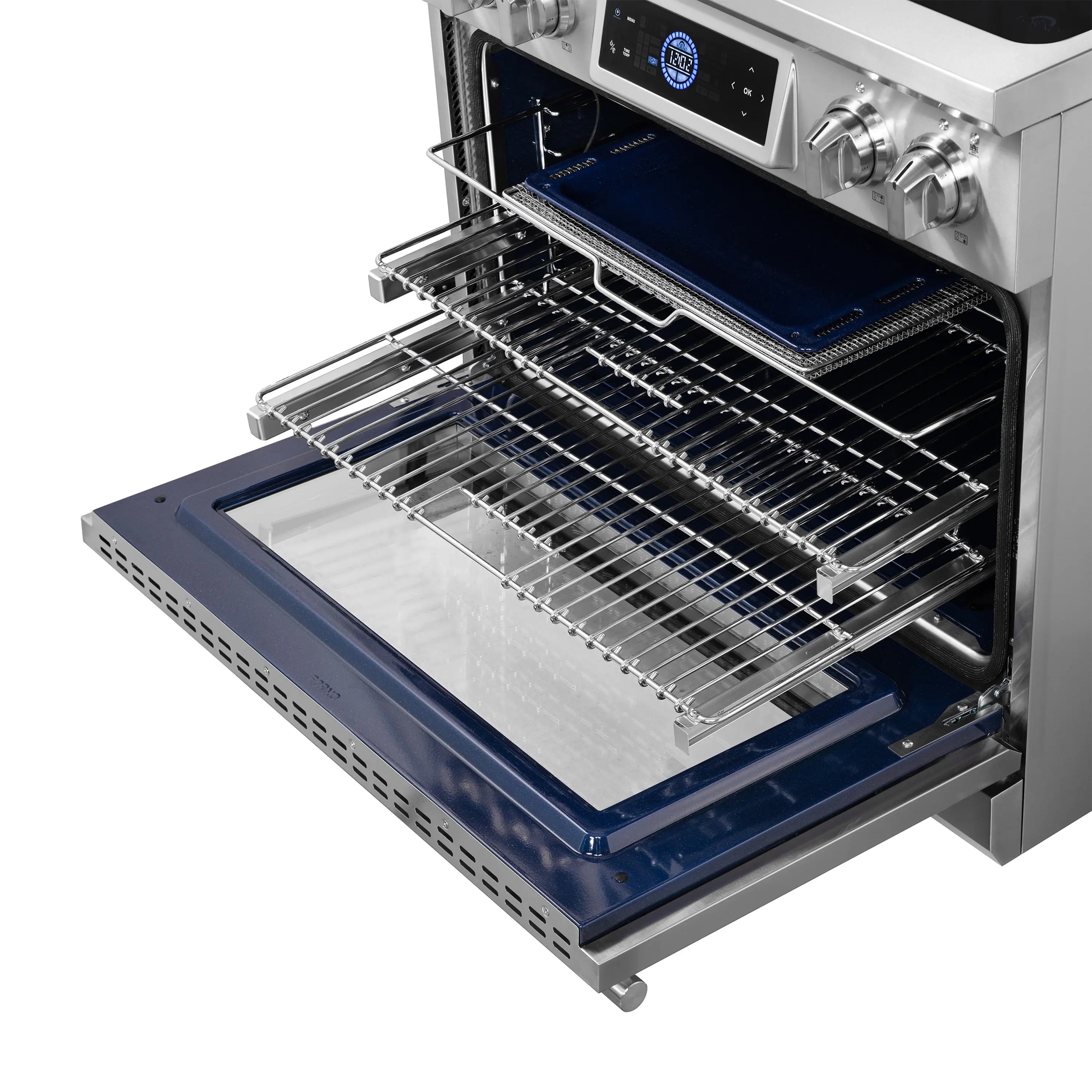 Stainless steel air fry drawer open with wire rack basket and dark interior