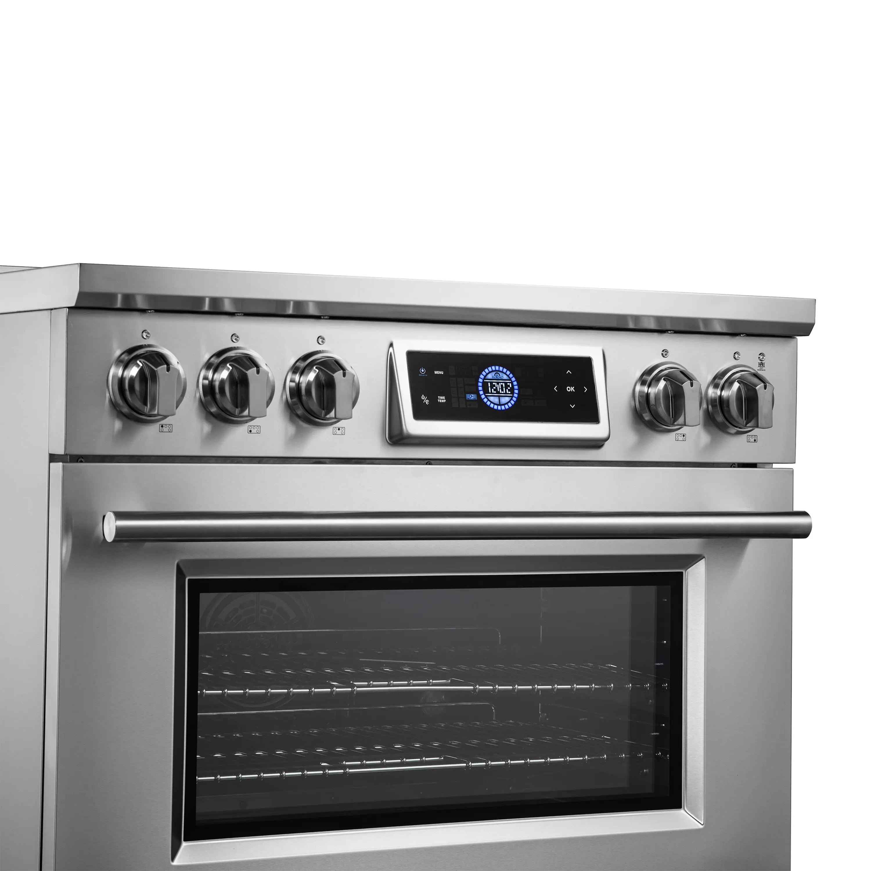 Stainless steel induction range control panel with oven window below
