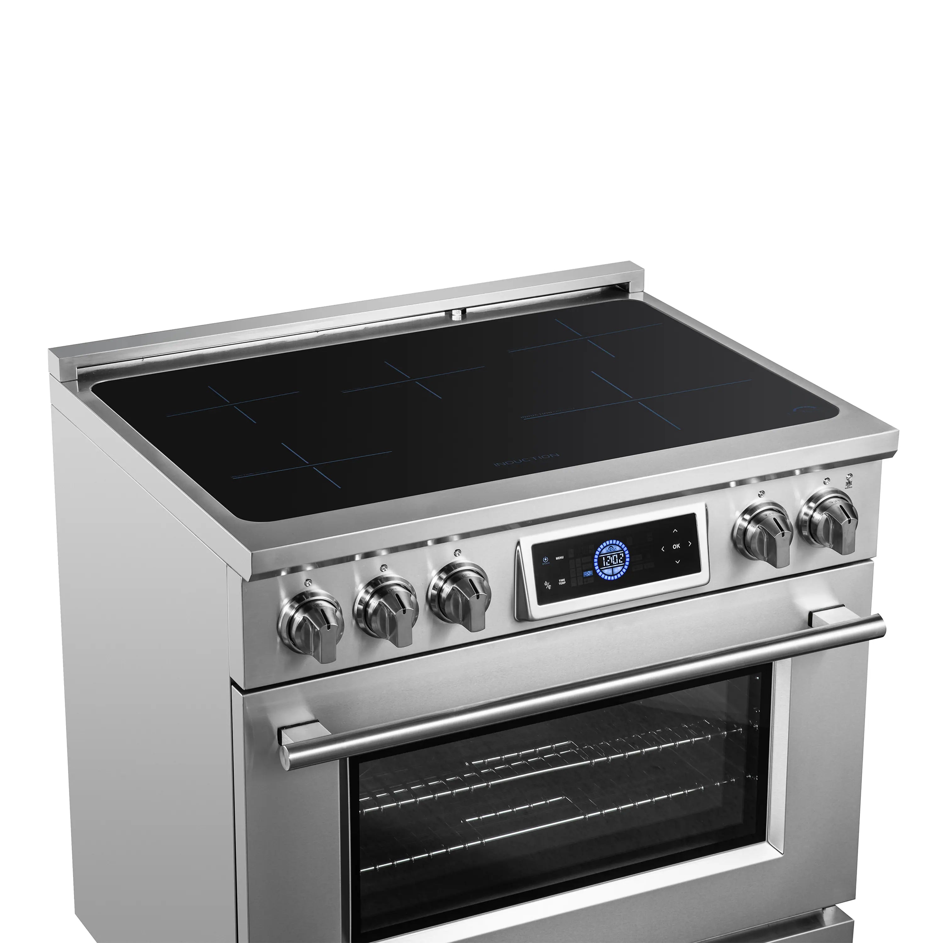 Stainless steel induction range with black glass cooktop and front oven door