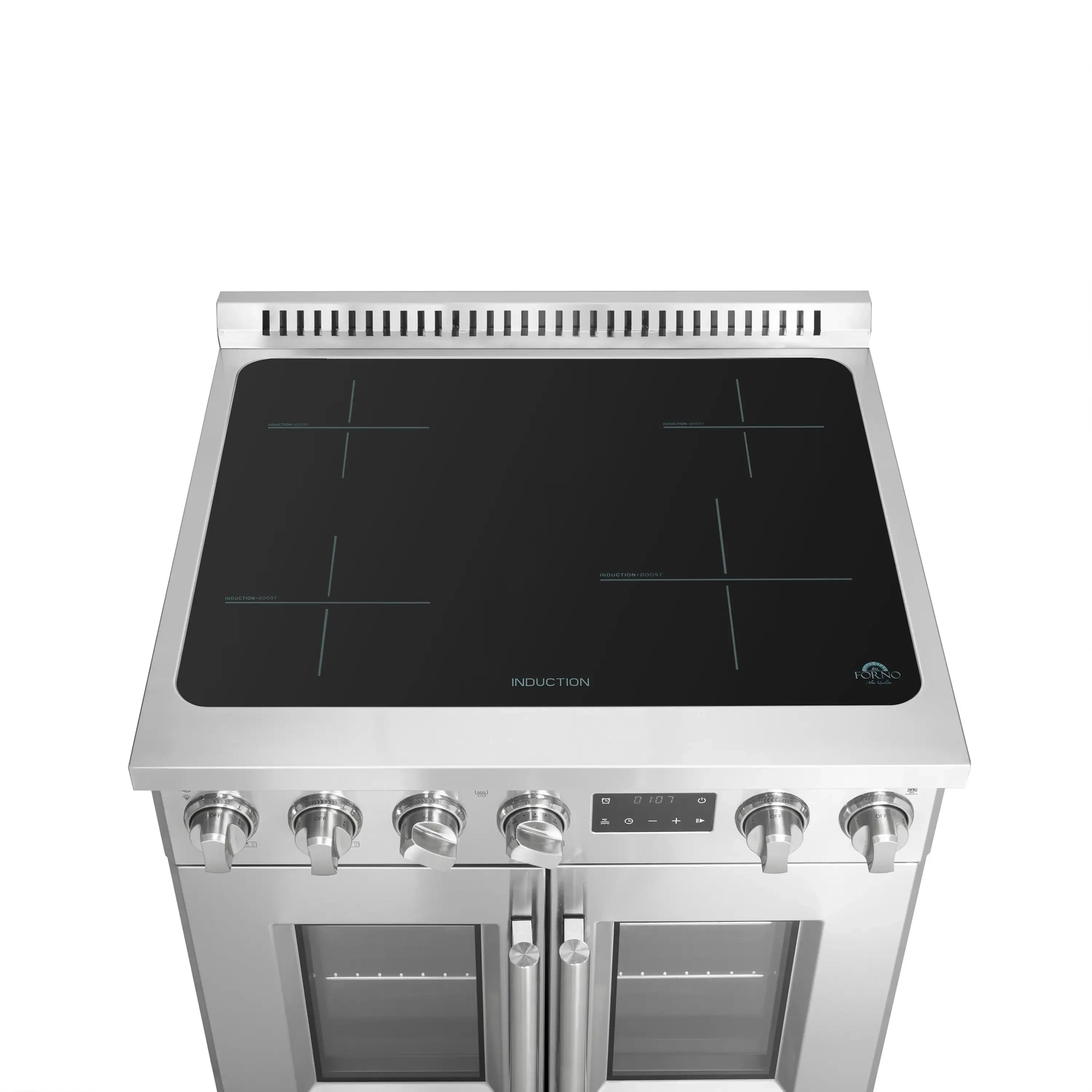 Stainless steel 30-inch induction range with black glass cooktop and front control knobs