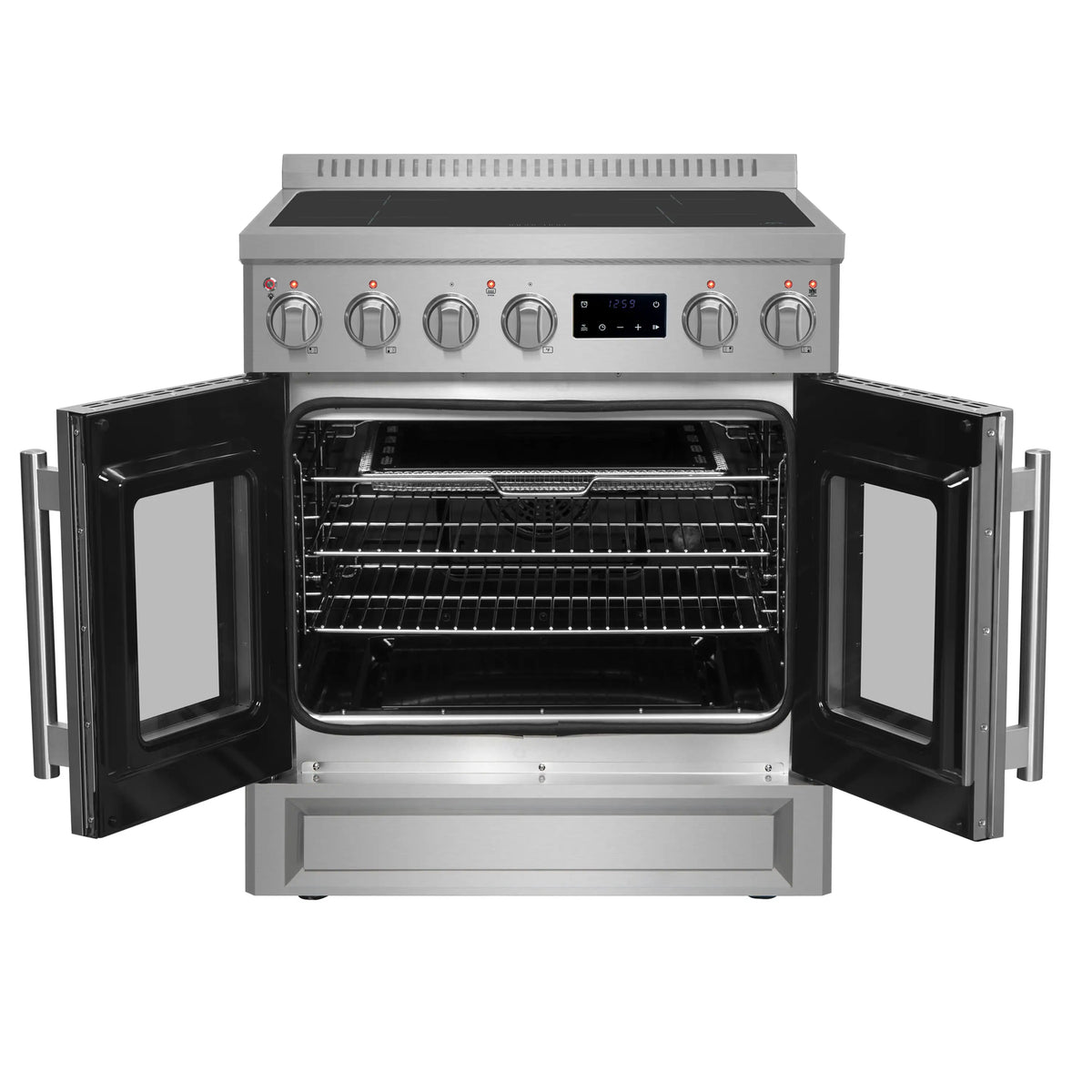 Stainless steel induction range with open French doors and visible convection oven racks