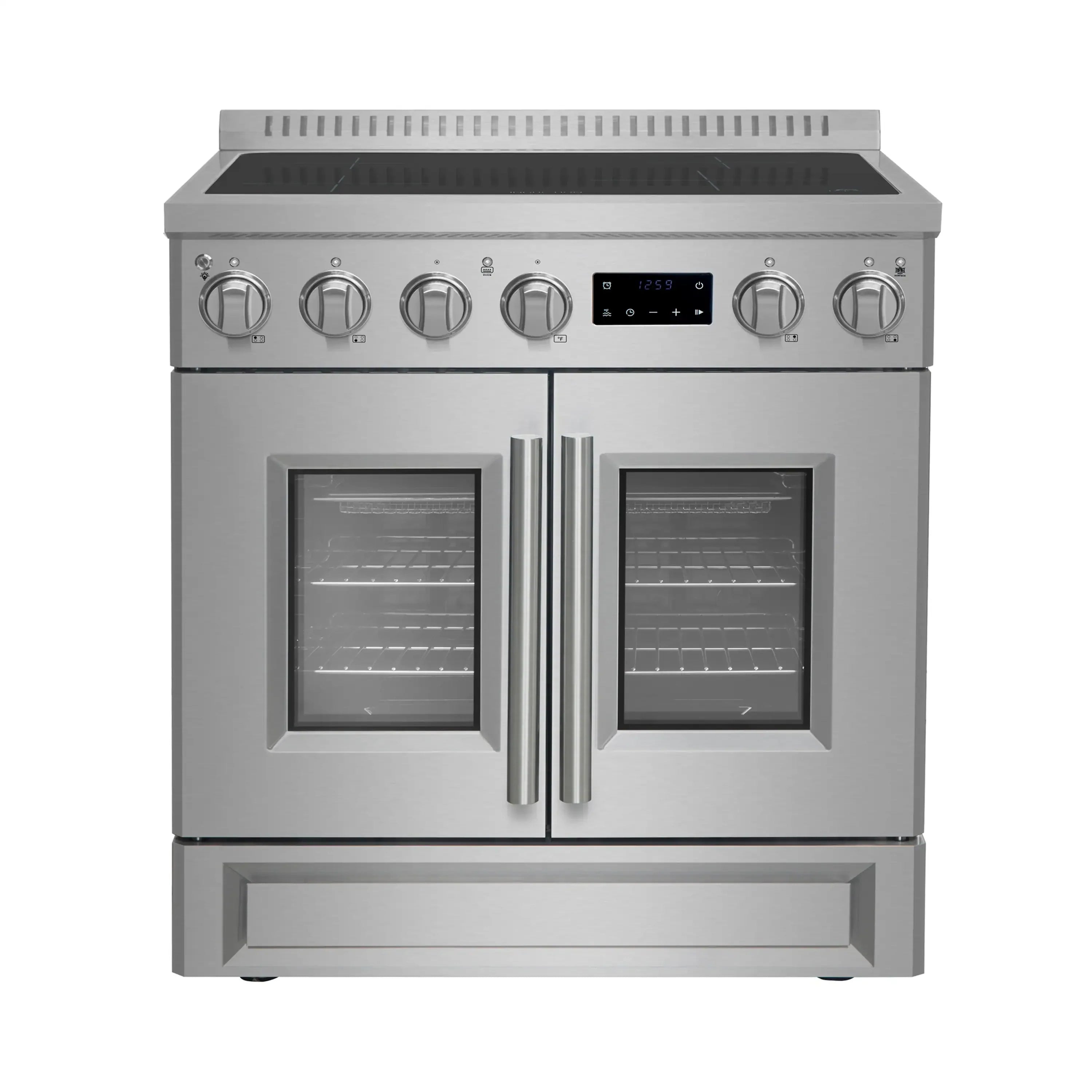 Stainless steel induction range front view with two glass doors and control knobs