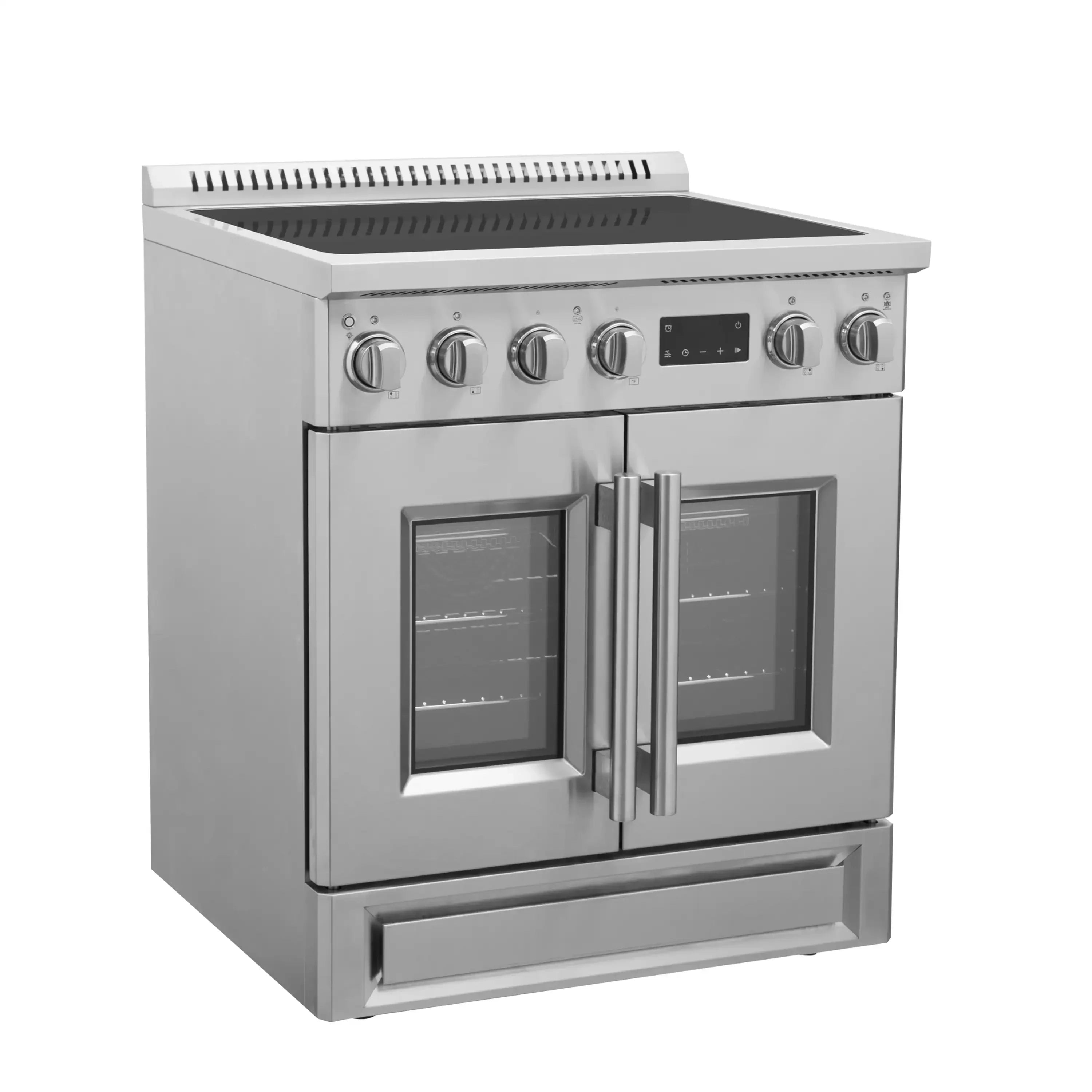 Stainless steel induction range with both oven glass doors closed and storage drawer below
