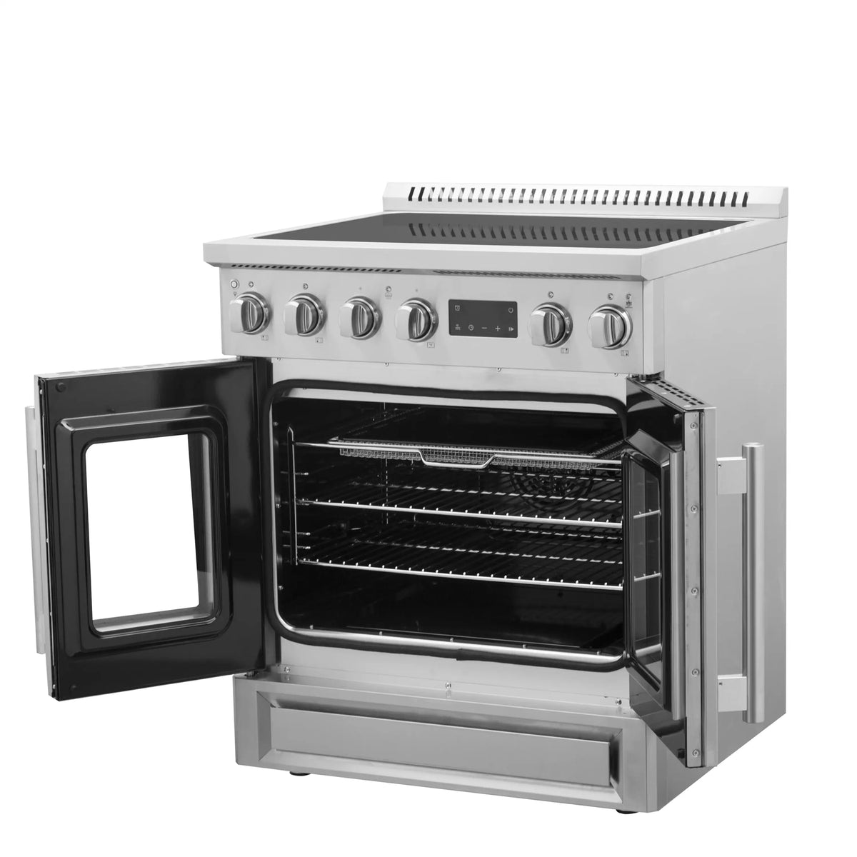 Stainless steel induction range with both French doors open and interior oven shelves