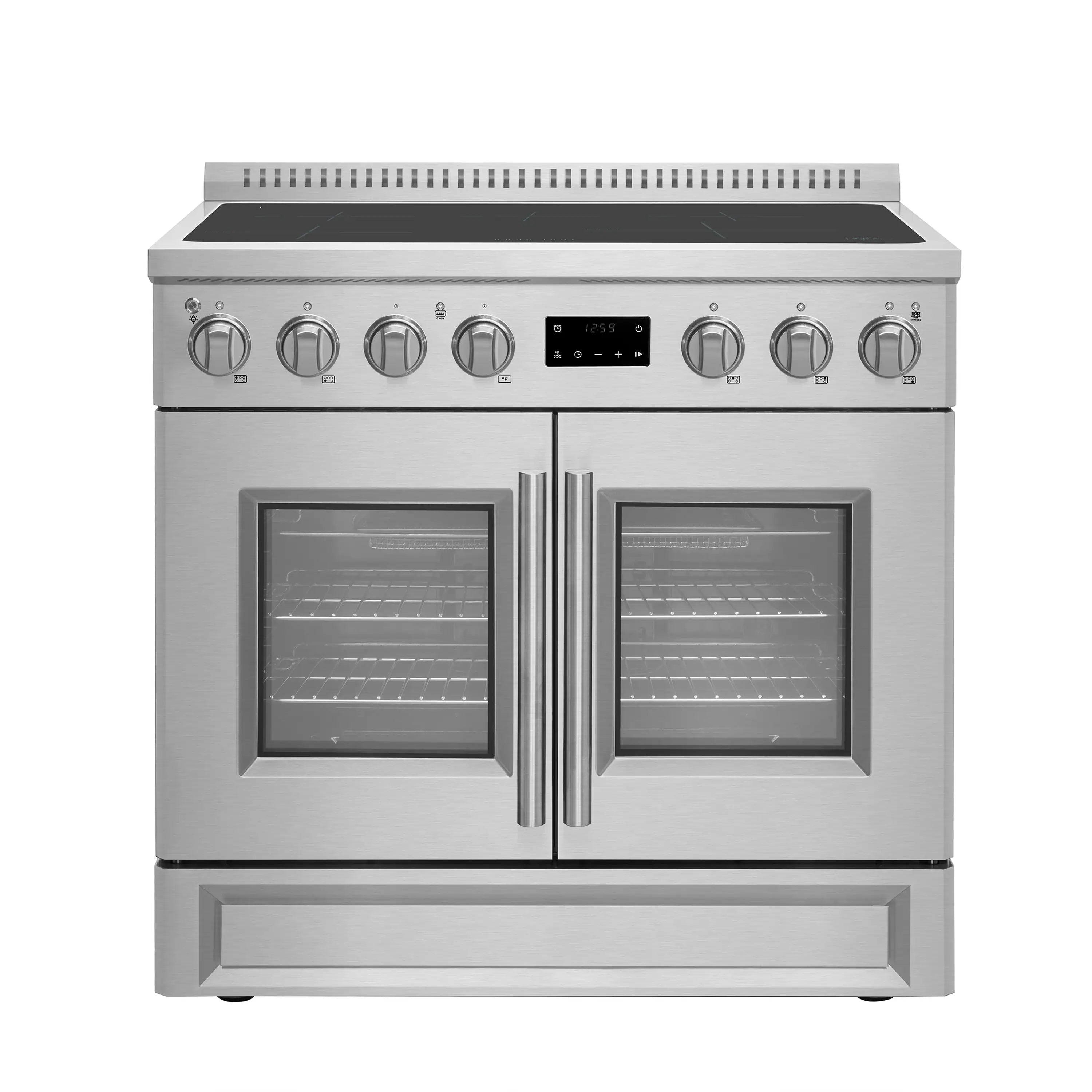 Stainless steel induction range with dual oven doors and front knob control panel