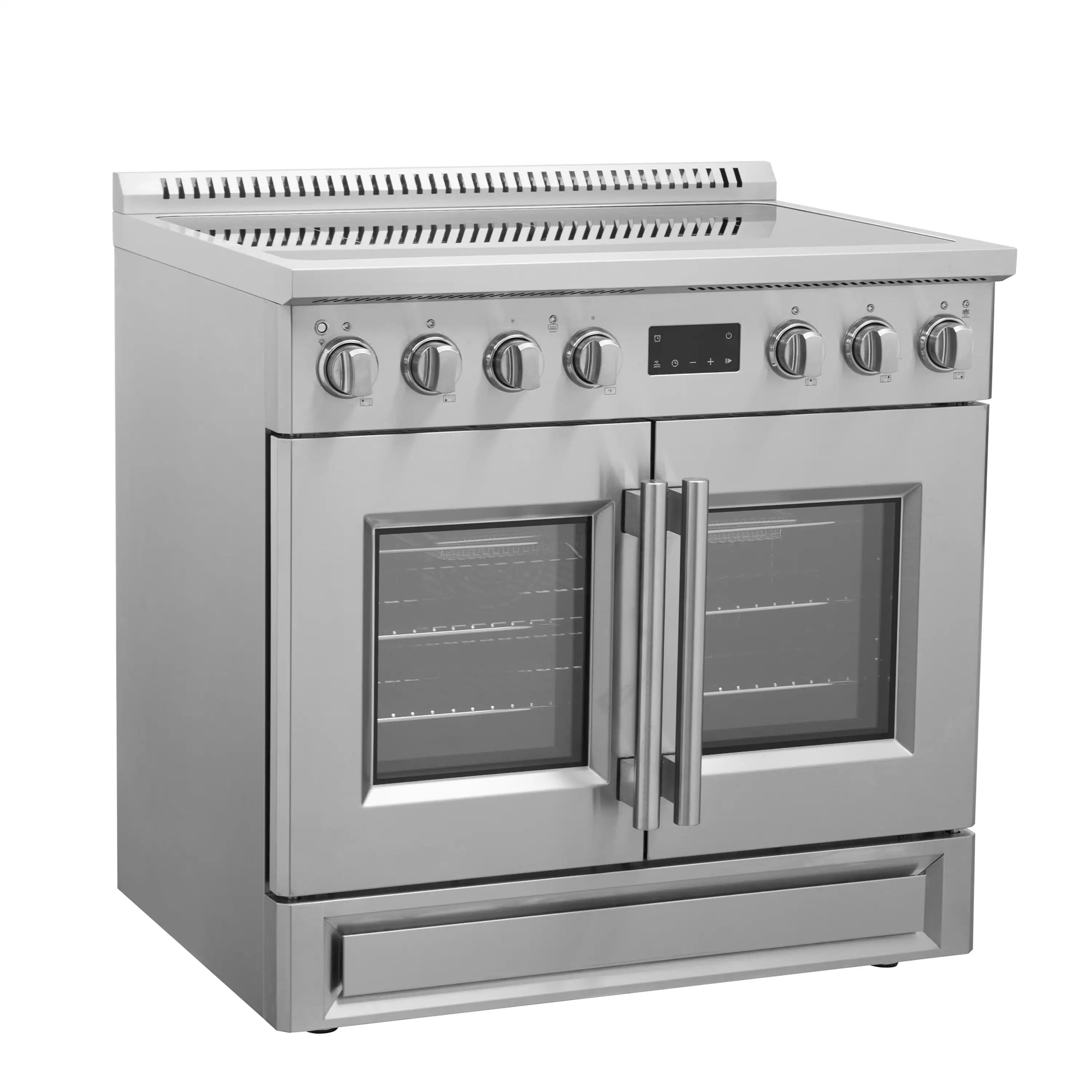 Stainless steel induction range with French doors and front control panel