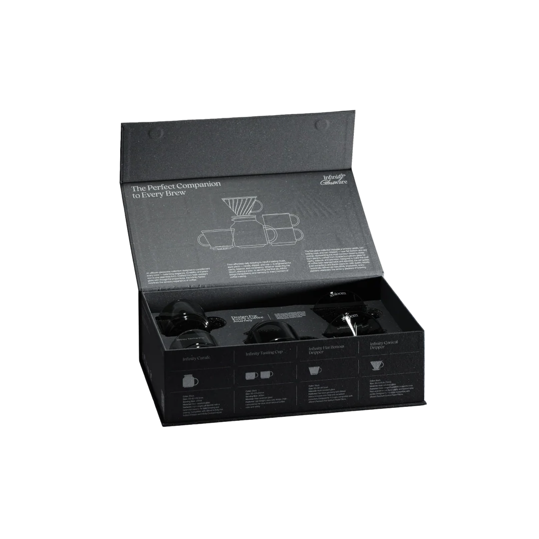 Black product box with printed lid and compartments for brewing set accessories