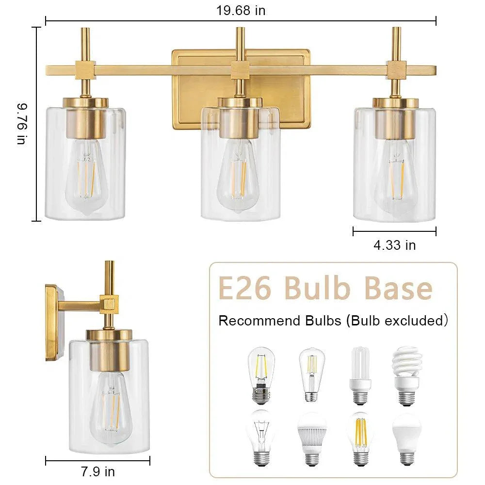 Three-light vanity light, polished gold metal frame with clear glass shades and E26 base