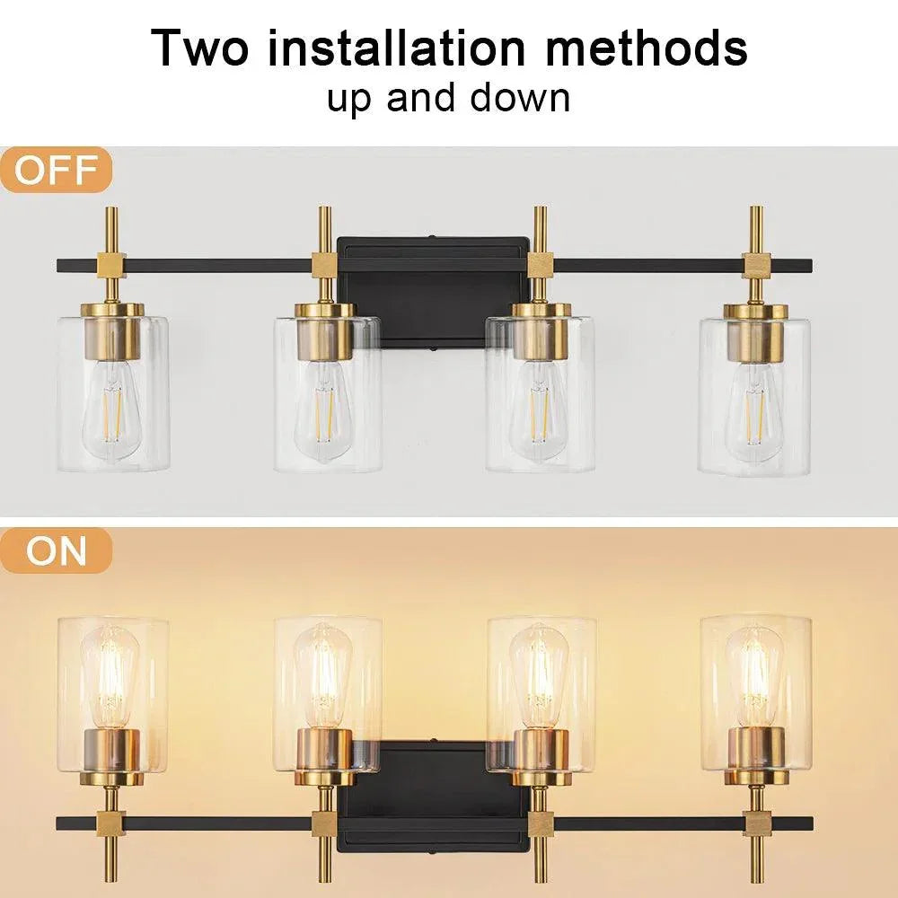 4-light vanity light shown in off and on states with clear glass shades