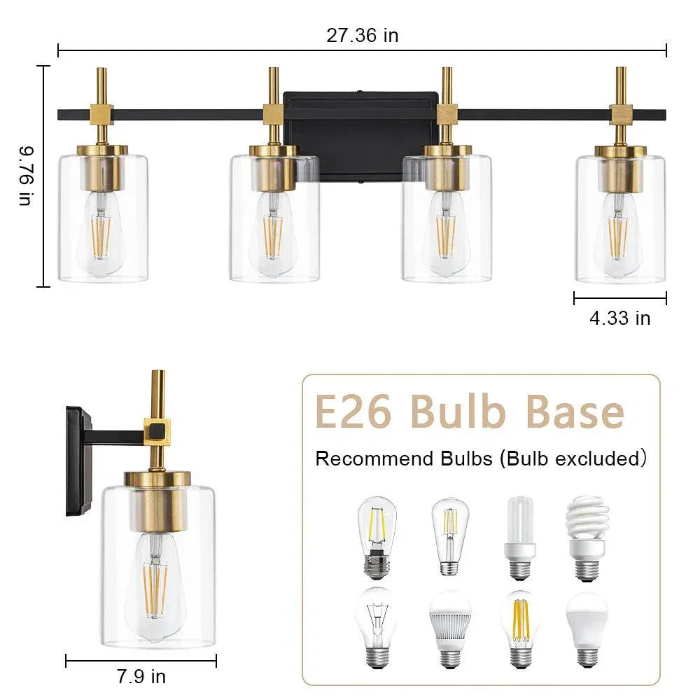 Bathroom vanity light dimensions with black bar, gold accents, and clear glass shades