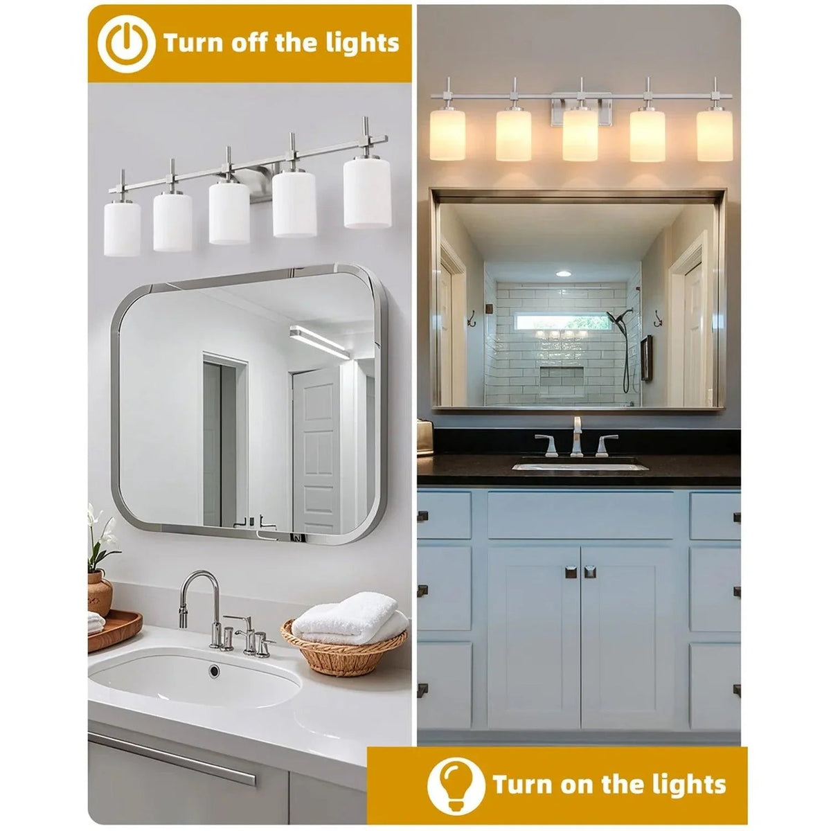 Modern 5-light vanity light with five frosted glass shades on chrome bar