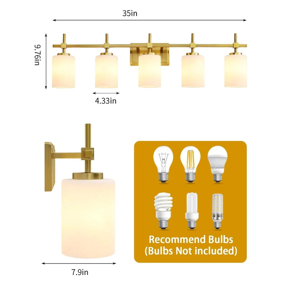 Golden 5-light linear vanity light with frosted glass shades and wall bracket