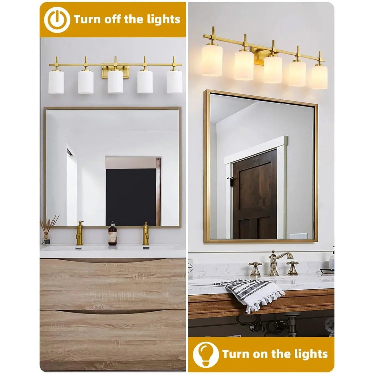 Golden 5-light bathroom vanity light with frosted glass shades mounted above mirror