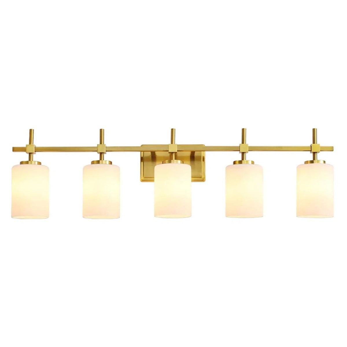 Golden 5-light linear vanity light with frosted glass shades, clean rectangular backplate