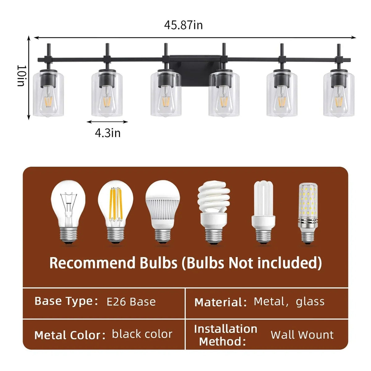 Black 6-light bathroom vanity light dimensions and E26 base details