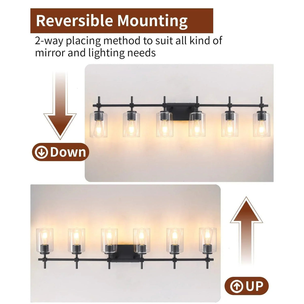 Black 6-light reversible bathroom vanity light showing down/up mounting