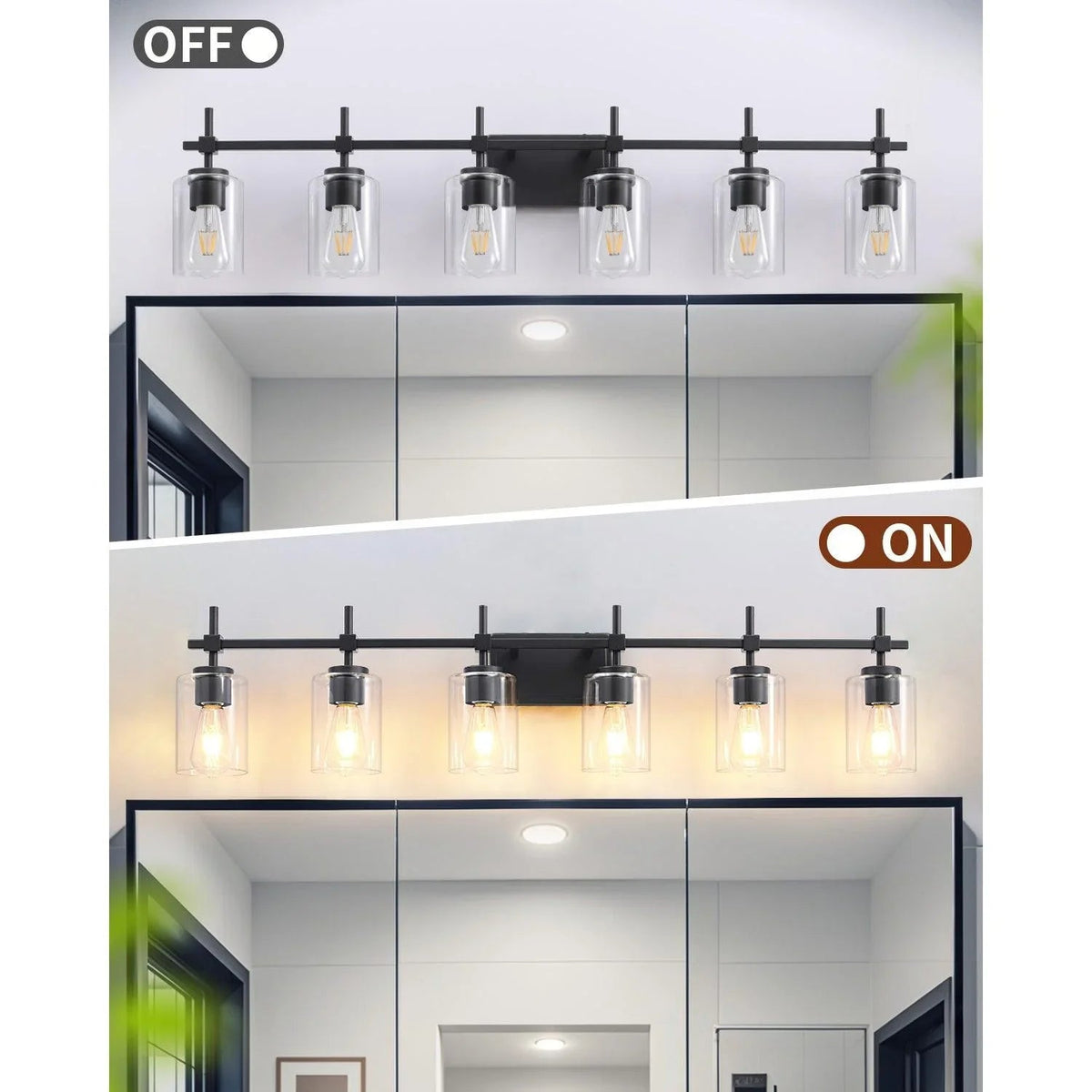Black 6-light bathroom vanity light with clear glass shades turned on