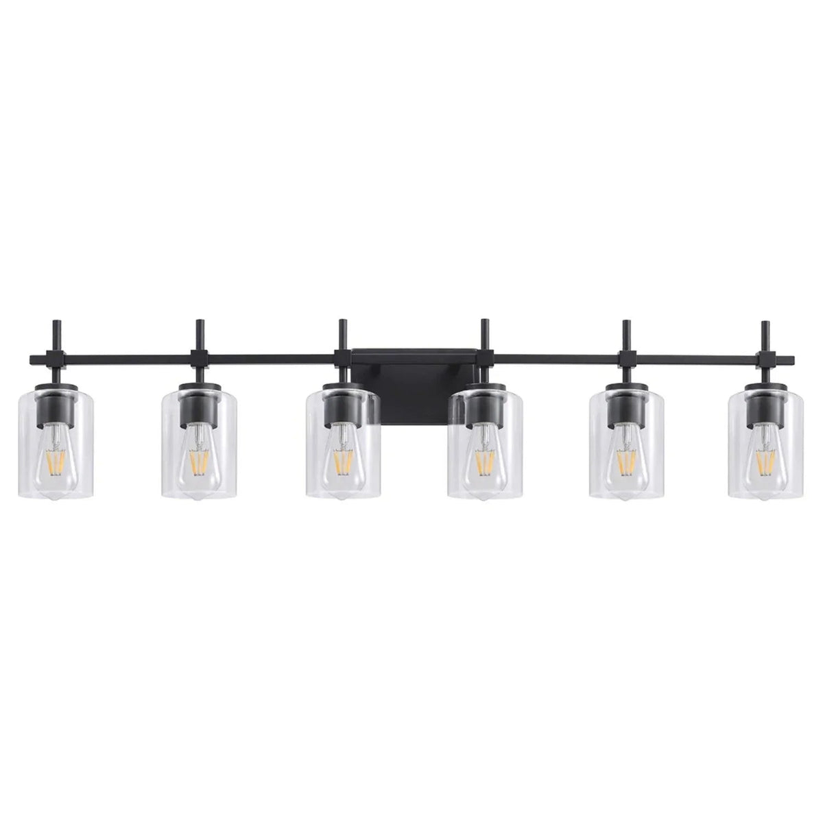 6-light vanity light bar with clear glass shades and black metal finish