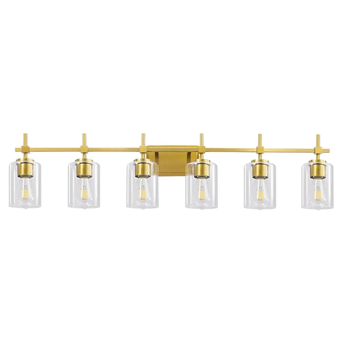 6-light vanity light bar with clear glass shades and golden metal finish