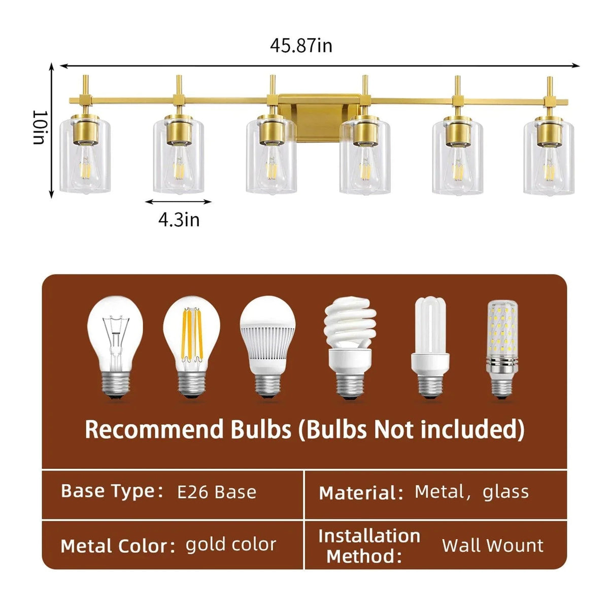 Golden 6-light bathroom vanity light dimensions, E26 base, wall mount