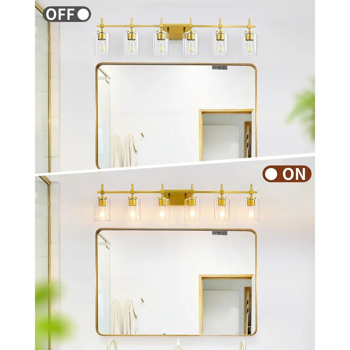 Golden 6-light bathroom vanity light with clear glass shades over mirror