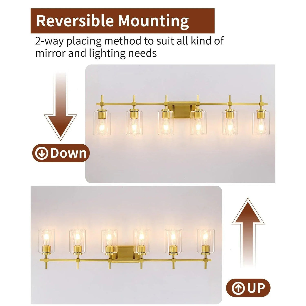 Golden 6-light reversible bathroom vanity light showing up/down mounting