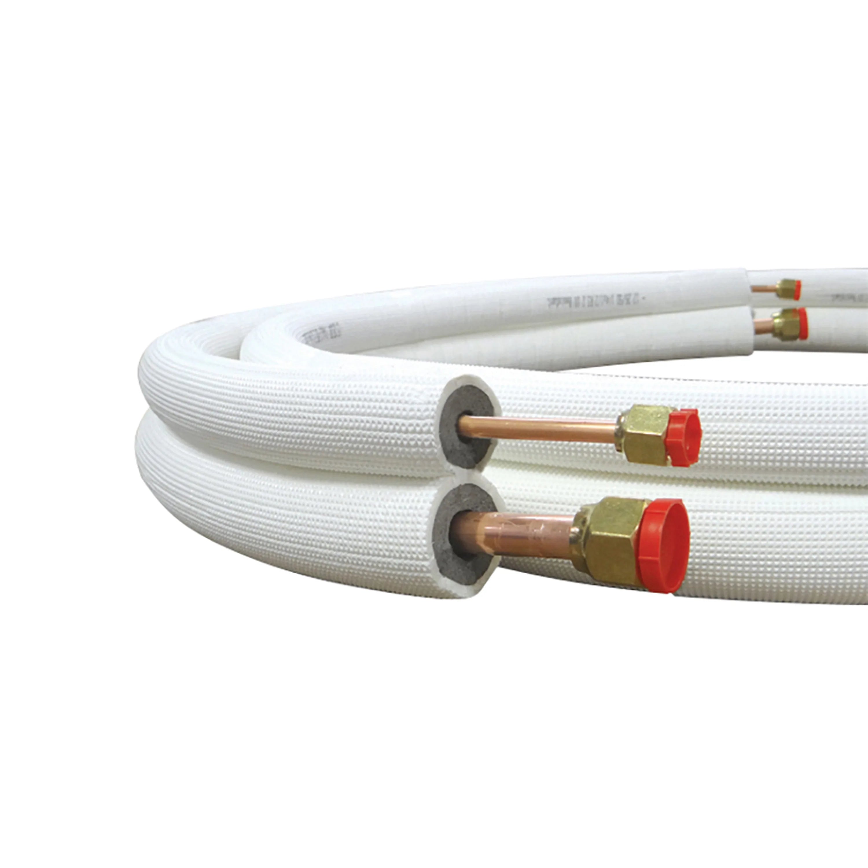White insulated copper line set with red end fittings, bundled hoses