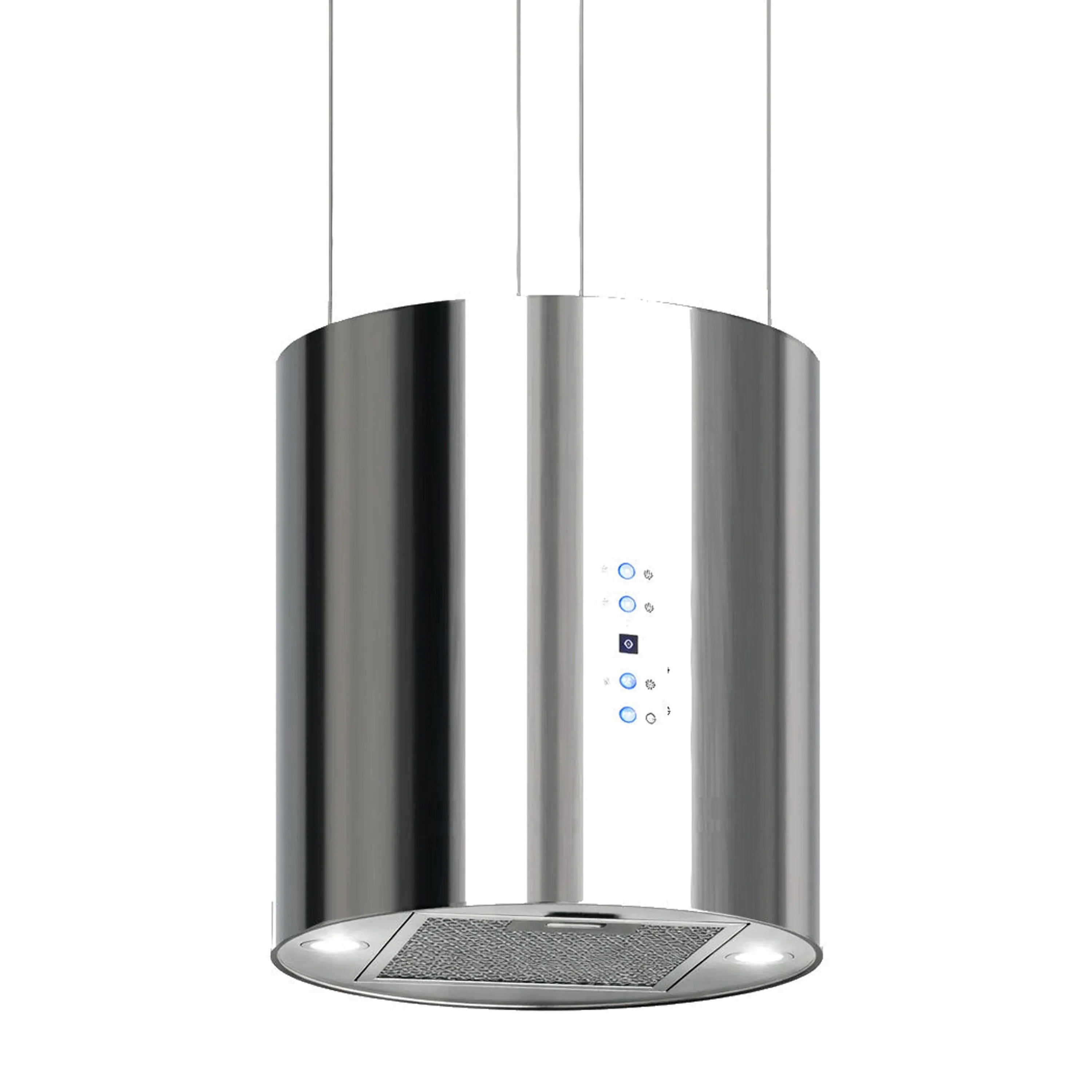 Stainless steel ductless island range hood with round canopy and mesh filter