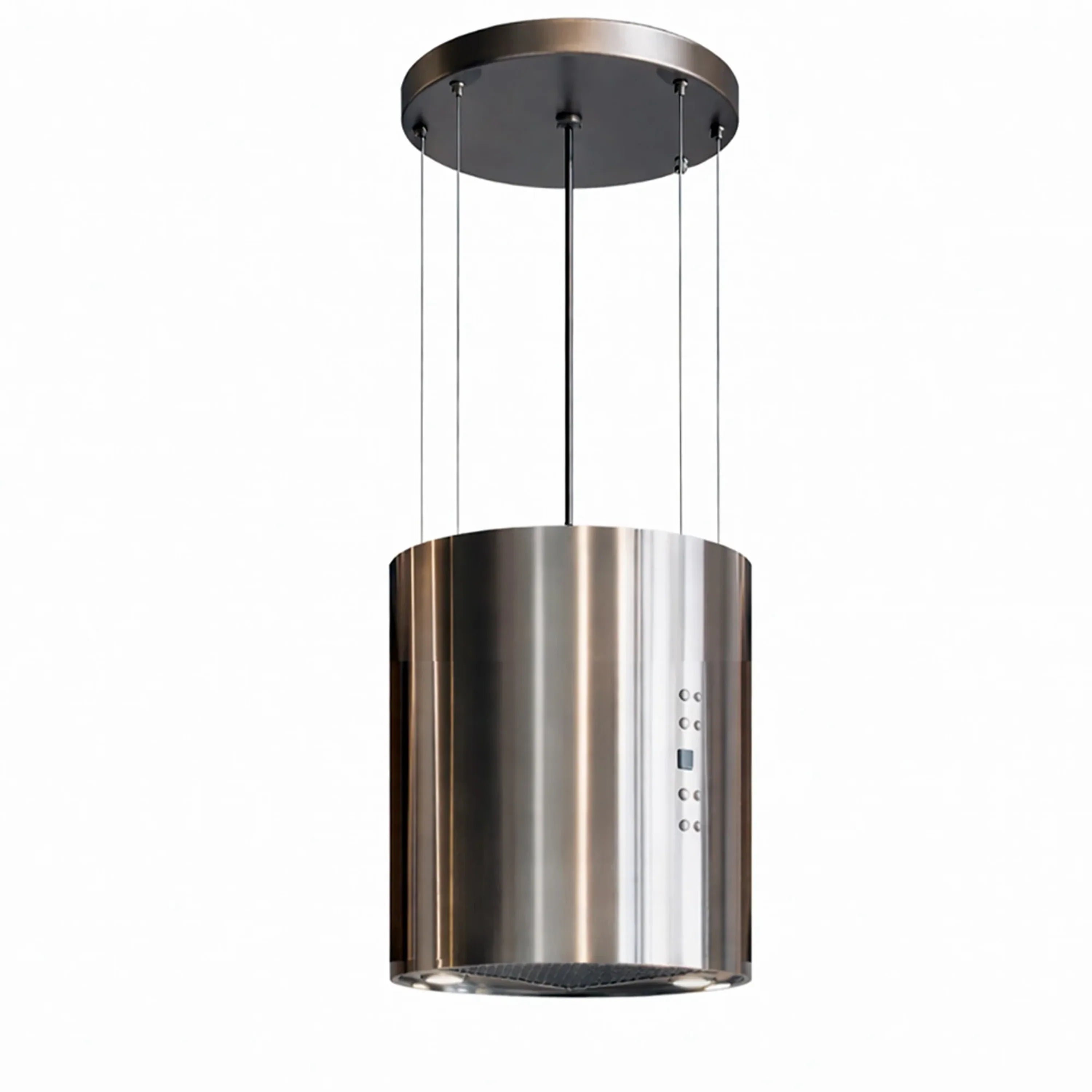 Stainless steel island range hood suspended from a ceiling mount
