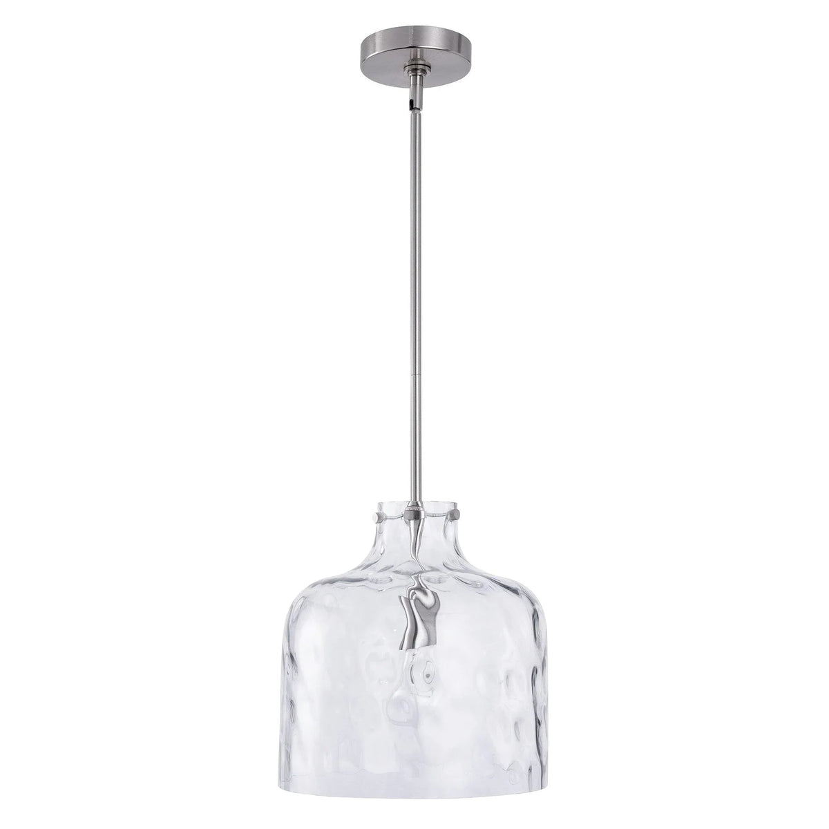 Silver finish pendant light with clear textured glass shade and narrow metal stem