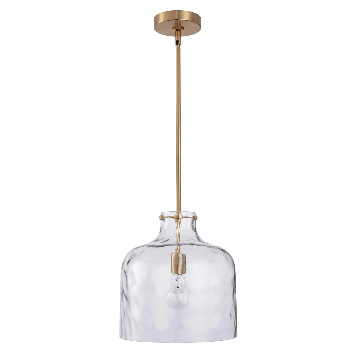 Golden finish pendant light with clear textured glass shade and exposed bulb