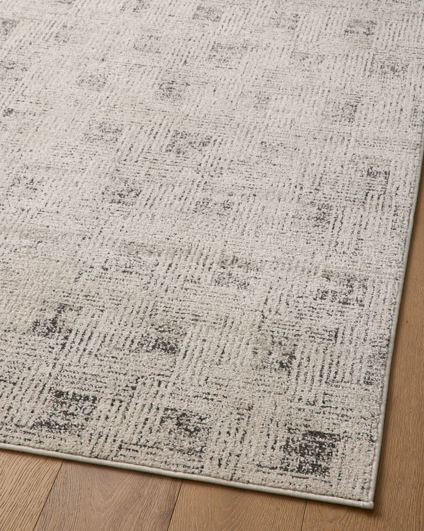 Detail of light gray area rug surface with charcoal speckled distress texture