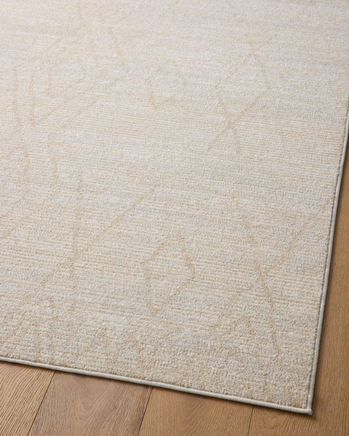 Close-up of natural and mist area rug border with low, textured weave