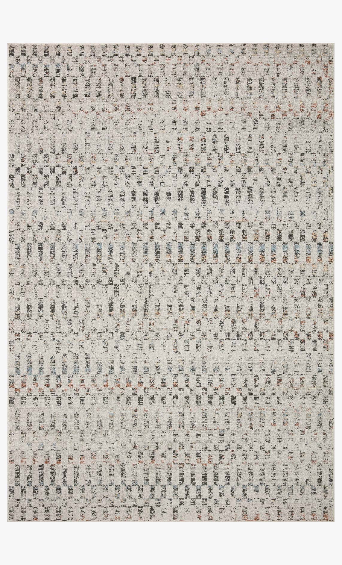 Light grey rug with all-over distressed micro-pattern and multicolor accents