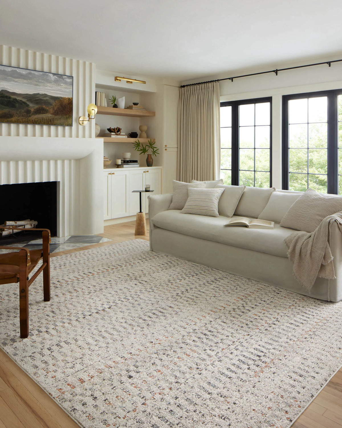 Grey runner rug with abstract geometric pattern and textured surface