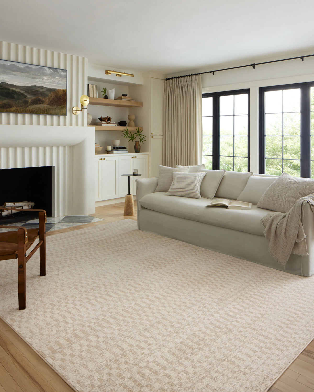 Ivory checkered runner rug, flat-woven texture on hardwood floor