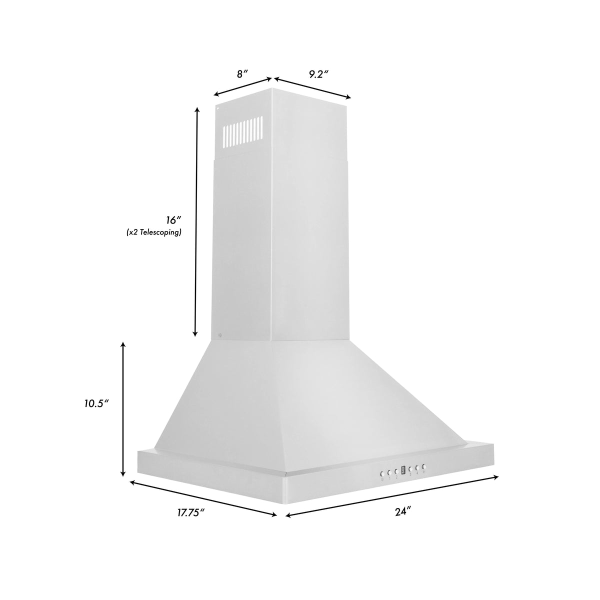 Convertible wall mount range hood, stainless steel chimney style with flared canopy