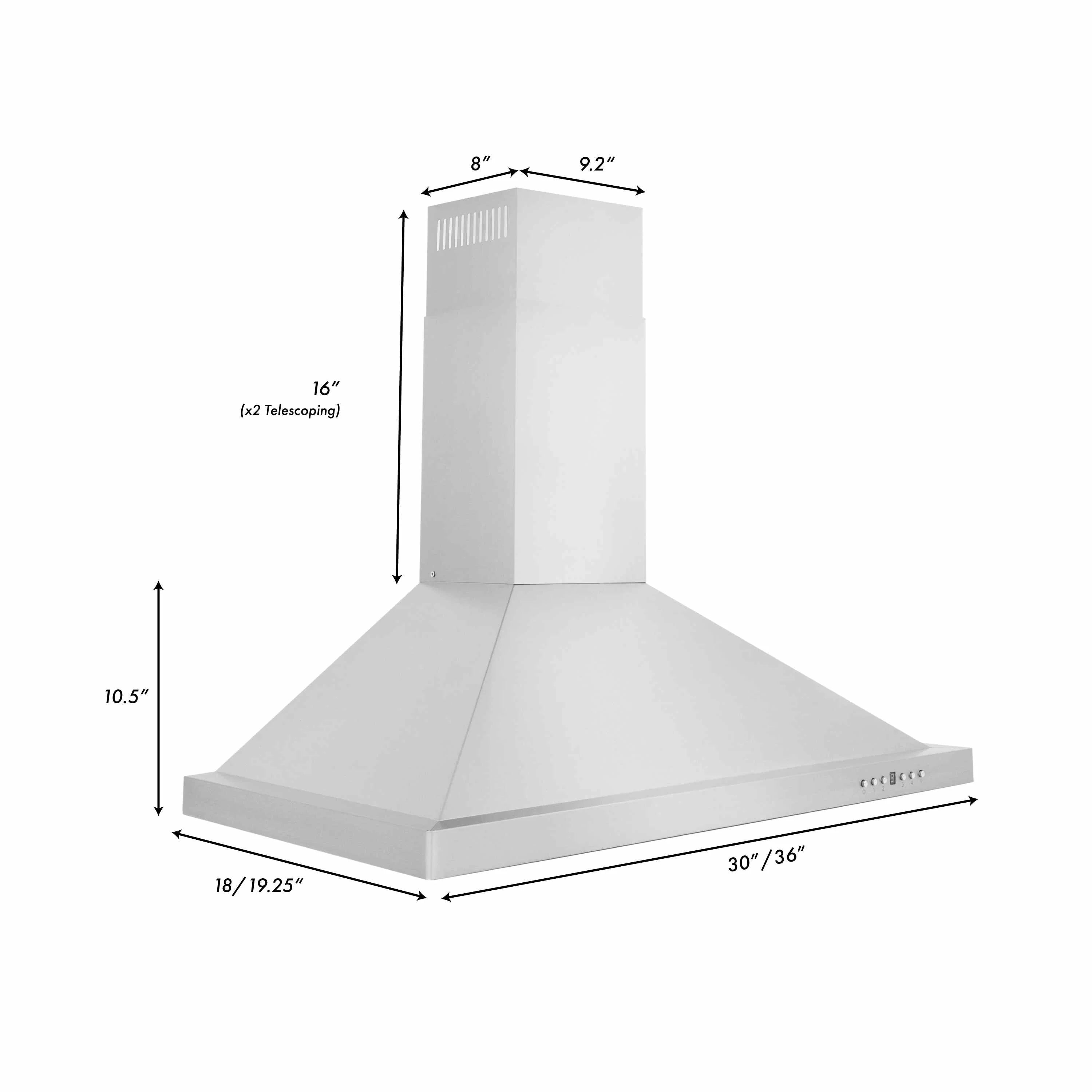 Convertible range hood size diagram with width, depth, and telescoping chimney height