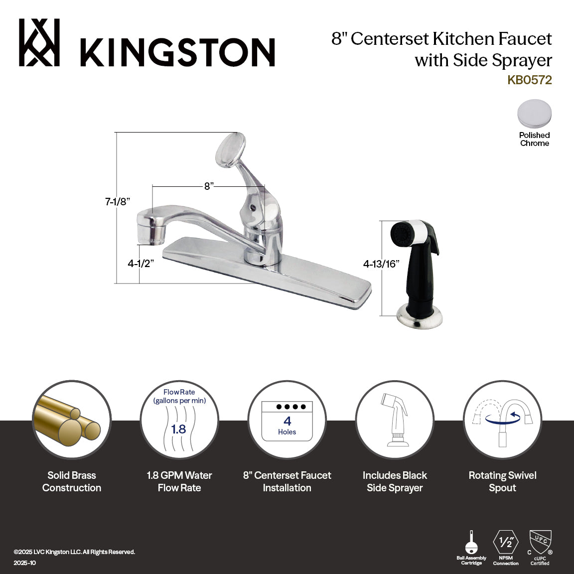Columbia Single-Handle 8" Centerset Kitchen Faucet with Side Sprayer in Polished Chrome