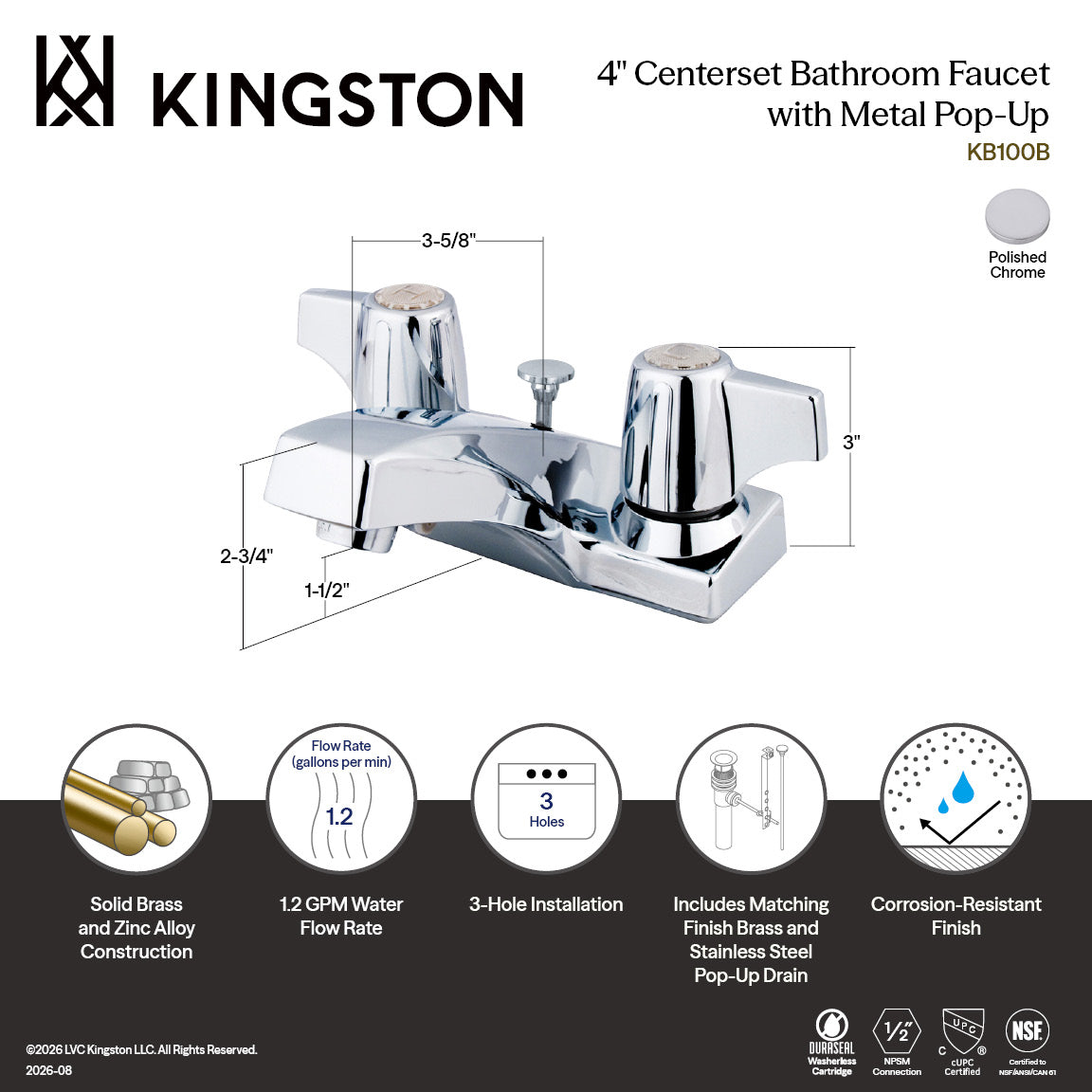 Columbia Double-Handle 4" Centerset Bathroom Faucet with Brass Pop-Up in Polished Chrome