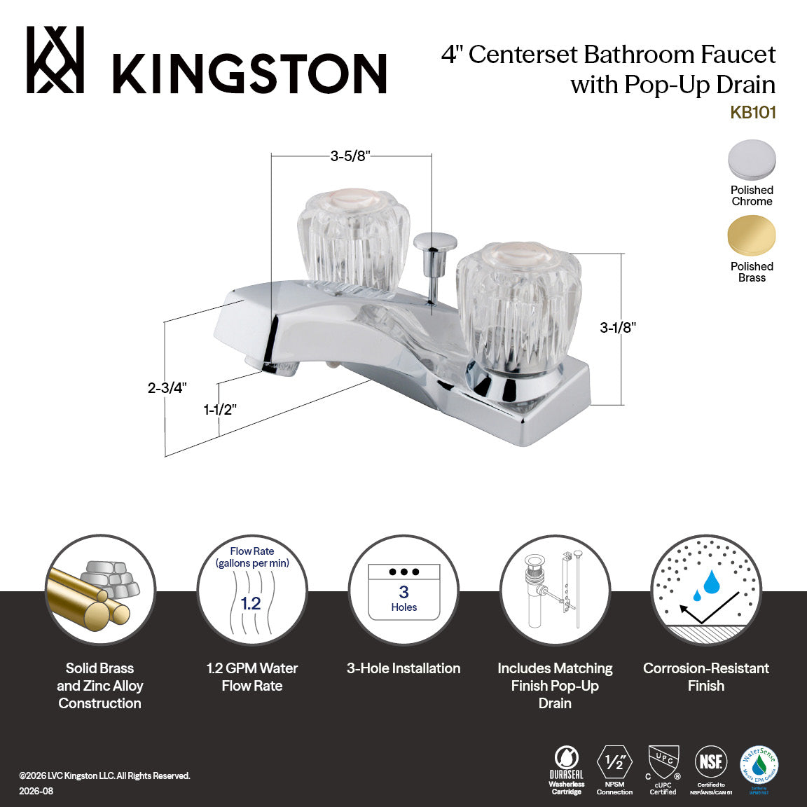 Columbia Double-Handle 4" Centerset Bathroom Faucet with ABS Pop-Up Drain in Polished Chrome