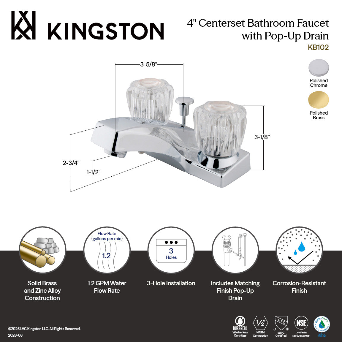 Columbia Double-Handle 4" Centerset Bathroom Faucet with ABS Pop-Up Drain in Polished Brass