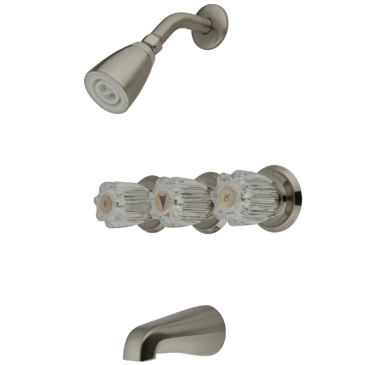 Triple-Handle Tub and Shower Faucet in Brushed Nickel